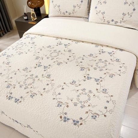 Quilt Set Blue Floral 3D Embroidery Pattern 3 PCS 100% Cotton Reversible Quilted Embroidered Decorative Bedspreads Coverlet Set, Lightweight &Soft Queen Size White Bedding Coverlet for All Season ROOMLIFE