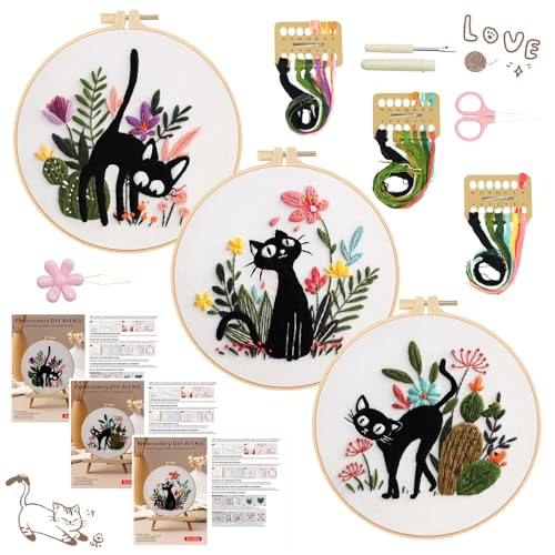 RIHYTFU 3 Pack Cat Embroidery Kits for Beginners, Adults Starter Cross Stitch Kit, Black Cat Flower Plants Patterns Hand Stamped Embroidery Kits, DIY Sewing Needlepoint