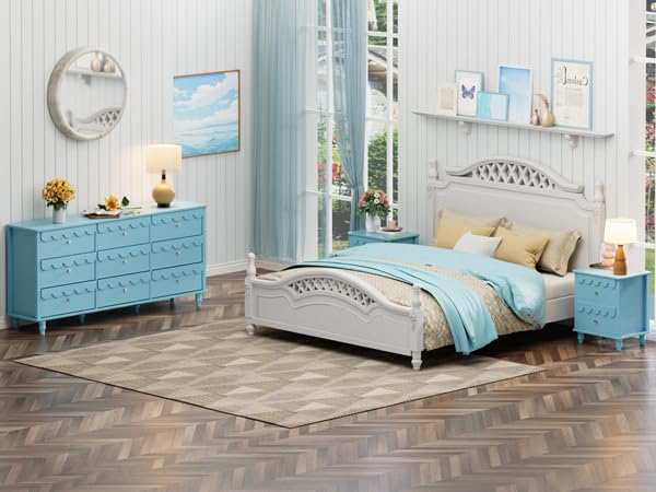 Anbuy Bedroom Set 3 PCS Scalloped 9 Drawer Dresser and Night Stand Sets for Bedroom, Two Drawers Nightstand Set of 2 & Scalloped 9 Drawer Dresser Combo 3 Pieces (Blue)