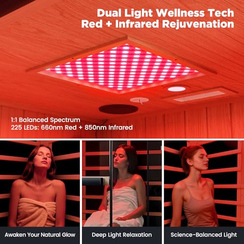 OnxyEdge 2-Person Full Spectrum Infrared Sauna, Himalayan Salt Rocks Plus 12 * 12" Red Light Therapy & 2 Built-in Speakers, 2000W - 120V Indoor Hemlock Dry Sauna with Dual LED Controls for Home & Gym EXTRAFEIN