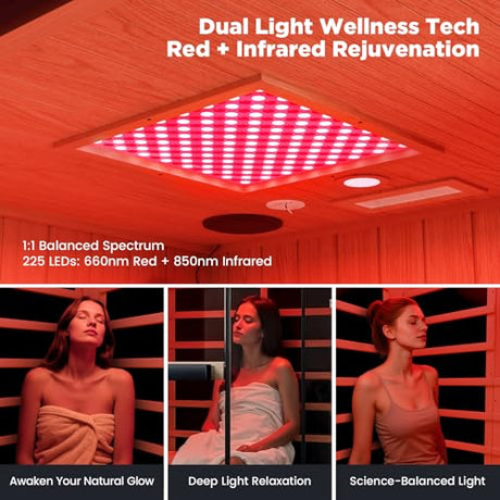OnxyEdge 2-Person Full Spectrum Infrared Sauna, Himalayan Salt Rocks Plus 12 * 12" Red Light Therapy & 2 Built-in Speakers, 2000W - 120V Indoor Hemlock Dry Sauna with Dual LED Controls for Home & Gym EXTRAFEIN