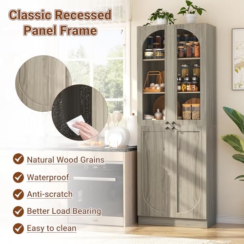 Cyclysio 80" Kitchen Pantry, Tall Arch Storage Cabinet with Tempered Glass Doors, Freestanding Wood Floor Cupboard Bookcase with Seamless Fit Wall for Dining Room, Living Room, Bathroom (Ash Grey) Cyclysio