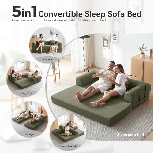 QQR Sleeper Sofa, Comfy Convertible Folding Couch-Futon-Corduroy Fabric Sleeper Sofa Bed with 2 Pillow, Removable Soft Cushion for Small Living Room Dorm/Bedroom/College/Office (Light Green) QQR