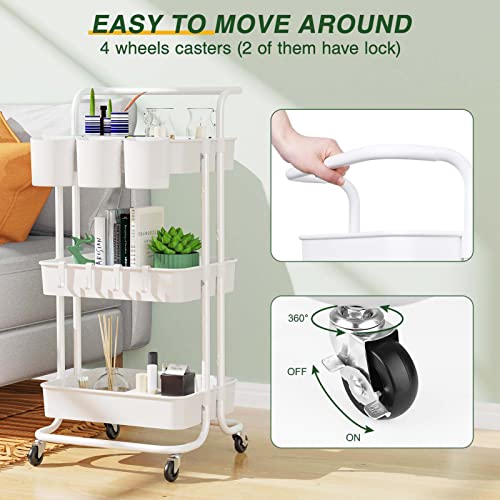 LEHOM 3-Tier Rolling Utility Cart with Hanging Cups & Hooks & Handle, Plastic Art Cart Organizer Storage with Wheels, Easy Assembly for Office, Bedroom, Kitchen, Bathroom, Laundry (White) LEHOM