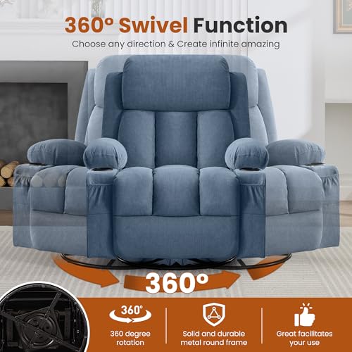 MAHOMICO Swivel Rocker Recliner Chair with Vibration Massage and Heat for Living Room,with Rocking Function and Side Pocket, USB Charge Port,2 Cup Holders MAHOMICO