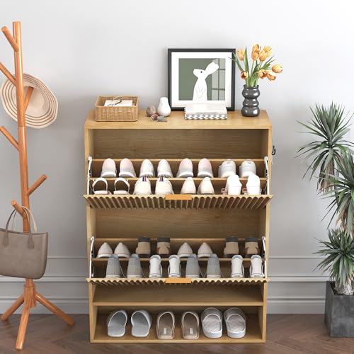 Takywep Fluted Shoe Cabinet Storage for Entryway with 2 Flip Drawers & Bottom Open Shelf, Narrow Shoe Rack Cabinet with Side Hooks, Freestanding Slim Shoe Organizer Cabinet for Foyer, Hallway, Oak Takywep