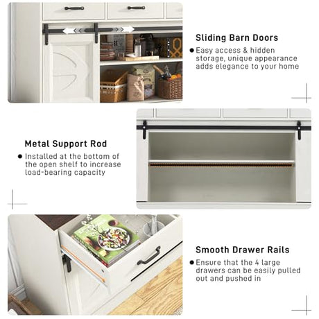 chartustriable 70” Large Long Buffet Sideboard Cabinet w/4 Drawer,Farmhouse Buffet Storage Cabinet,Sliding Door,Buffet, Credenza for Living Room,White chartustriable
