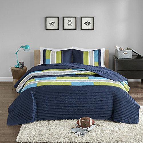 Comfort Spaces CS14-0861 2 Piece Quilt Coverlet Bedspread All Season Lightweight Hypoallergenic Pipeline Colorblock Kids Bedding Set, Twin/Twin XL, Pierre Navy/Blue Stripe Comfort Spaces