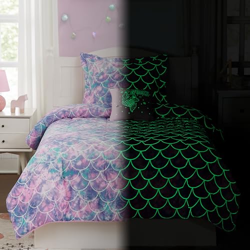 Kaleido Space Twin Comforter Set for Girls- 3 Pieces Glow in The Dark Mermaid Twin XL Bedding Set with 1 Comforter, 1 Decor Pillow & 1 Pillow Shams Kaleido Space