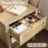 KIGOTY Farmhouse Rattan Nightstand Set of 2, Bedside Table with Drawer,Open Compartment, Side Table with Storage, End Table for Bedroom,Oak KIGOTY