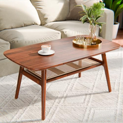 Bme Nancy Solid Acacia Wood Coffee Table for Living Room, Spacious Oval-Shaped 237 Lbs Top Capacity, Rattan Shelf Below, Mid Century, Rustic and Modern Style Living Room Furniture, Dark Chocolate