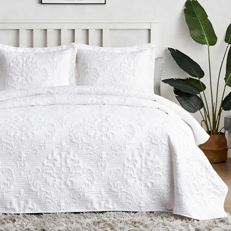 Hansleep White Quilt Queen Size - Damask Ultrasonic Summer Bedspread Queen, Soft Lightweight Coverlet Bedding Set, 3 Pieces (1 Quilt, 2 Pillow Shams) Hansleep