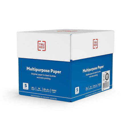 TRU RED Color Printer Paper - 8.5" x 11", 1 Carton of 5 Reams for 2,500 Total Sheets, 20 lbs, 92 Bright Paper - Acid-Free and Engineered to Prevent Jamming TRU RED