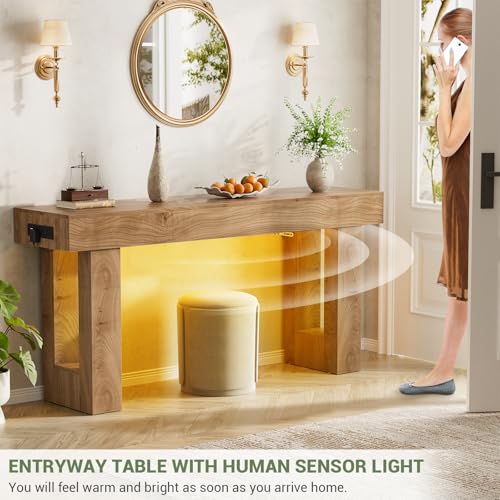 Unikito 63'' Farmhouse Console Table with Power Outlets and Sensor Light, Wooden Entryway Table with Storage, Rectangular Sofa Tables Behind The Couch for Entrance, Hallway, Living Room, Natural Oak Unikito