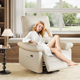 Power Recliner Chair, 270° Swivel Rocking Glider with USB Charging Port, PU Leather Upholstered Fabric and Button Tufted Backrest, Ergonomic Nursery Chair for Living Room (Cream)