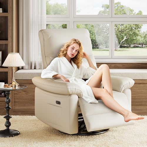 Garvee Power Recliner Chair with 270° Swivel and Rocking, Electric Glider Nursery Chair with USB Charging Port, PU Leather Upholstery and Button Tufted Backrest for Living Room, Cream