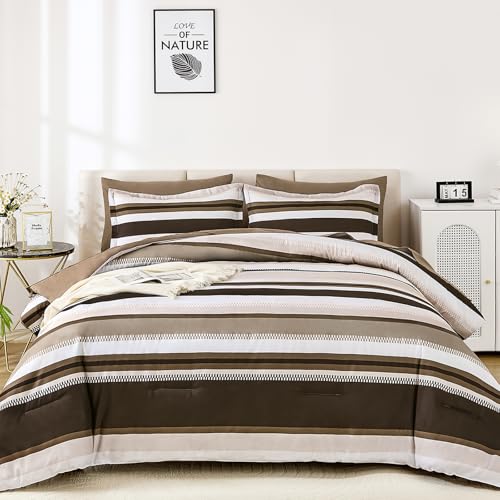 WONGS BEDDING Comforter Queen Size, Brown 7 Pieces Comforter for Queen Bed Striped Bed in a Bag Soft Bedding Comforter Set for All Season(90"×90") WONGS BEDDING