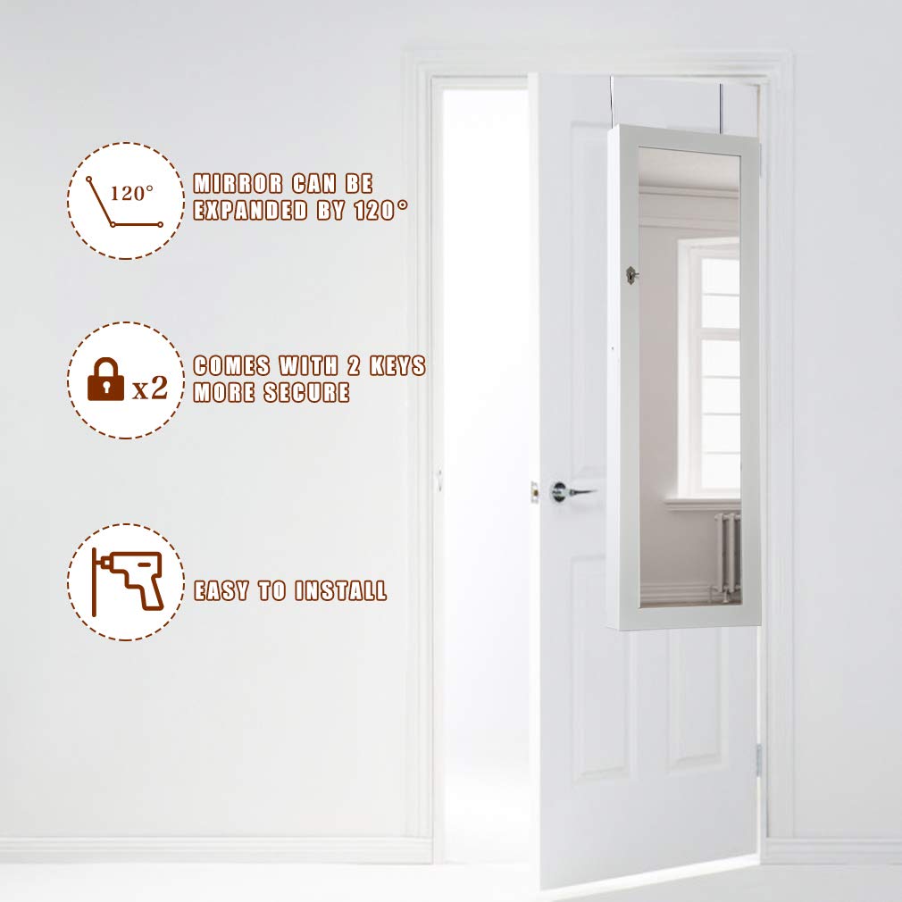 FDW Jewelry Cabinet 47.3" H Wall/Door Mounted Lockable Jewelry Armoire Organizer with Mirror With 2 Drawers 6 Shelves 43.3"×10.6" Mirror High Capacity Jewelry Organizer (White) FDW