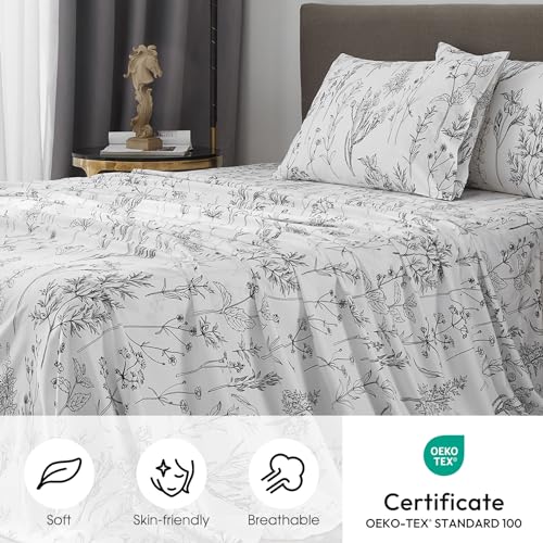 HYPREST Floral Sheets Queen Size,18 inches Deep Pocket Sheets, 1800 Thread Count Black and White Leaf Floral Bed Sheets Soft Breathable Cute Aesthetic Shabby Chic Bed Sheets, Oeko-Tex Certificated. HYPREST