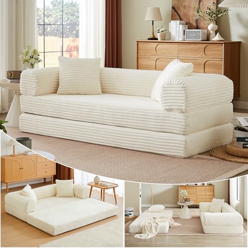 78 Inch Convertible Futon Sofa Bed,Folding Boneless Couch with Sleeper Sofa,Fold Out Floor Sofa Couch with Deep Seat,Cloud Corduroy Foldable Mattress Couches for Living Room(Off White) ZKJOLMN