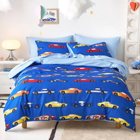 Wake In Cloud - Race Car Bedding Set for Boys, Cute Colorful Sports Car Supercar Wheels Comforter Set with Sheets, 5 Pieces Kids Bed in a Bag, Blue, Twin Size Wake In Cloud