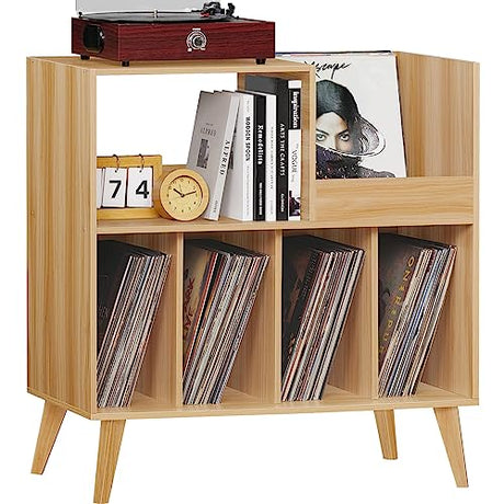 LELELINKY Large Record Player Stand, Turntable Stand with Storage, Vinyl Record Holder with Display Area, Record Player Table Holds Up to 300 Albums, Record Stand for Music room Living Room-Natural LELELINKY