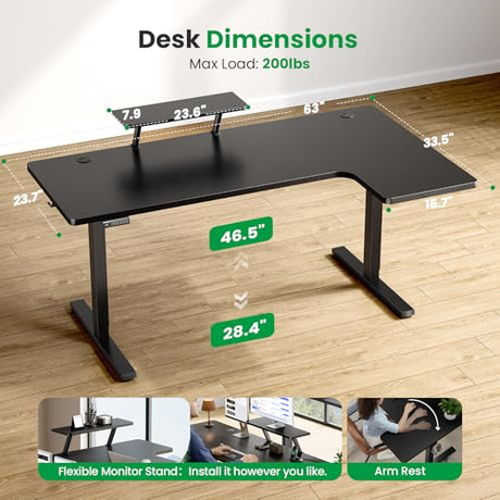 DeskShow L-Shaped Standing Desk - 63 Inch Adjustable Corner Standing Desk with Flexible Monitor Stand, Electric Sit Stand Computer Table with Memory Controller for Home Office DeskShow