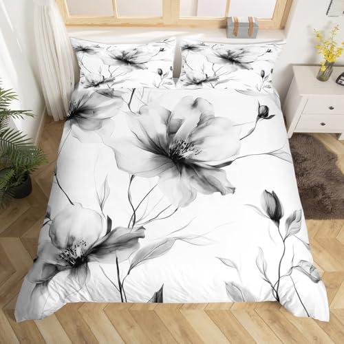 Erosebridal Black and White Flower Bedding Set Full, Boho Flower Duvet Cover for Women Men Adults Teens Bedroom, Artistic Watercolor Floral Comforter Cover, Ink Painting Style Blossom & Leaf Bed Set Erosebridal
