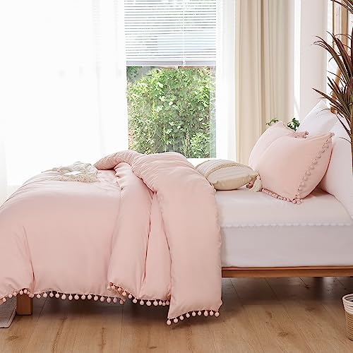 YIRDDEO Twin Comforter Set - Comforter Twin Size Bed with Ball Pom Fringe, Soft Bedding Set for All Seasons - 2 Pieces, 1 Comforter (66"x90") & 1 Pillow Sham(20"x26"), Blush YIRDDEO