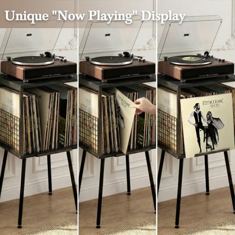 Faesun Record Player Stand with Storage Holds 100+ Vinyl Records, Industrial Turntable Stand with Storage Shelf, LP Album Organizer Cabinet for Small Spaces, Black End Table Faesun