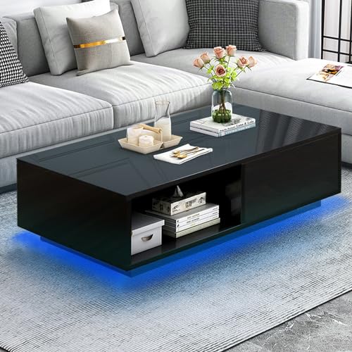 COSVALVE High Gloss LED Coffee Table with Drawer & 16 Colors LED Lights, Modern Living Room Coffee Table with Storage Space, Rectangle Sofa Side Central Table, Black (AA Battery) - WoodArtSupply