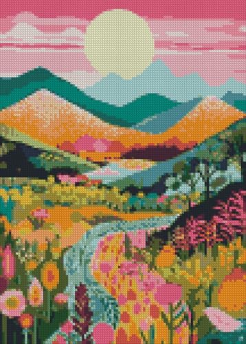 MjhRcll Abstract Landscape Stamped Cross Stitch Kits,Mountain Flowers Cross Stitch Ornament Kits for Adults Beginners, Counted Embroidery Needlepoint Kits Home Decor 12x16 Inch MjhRcll