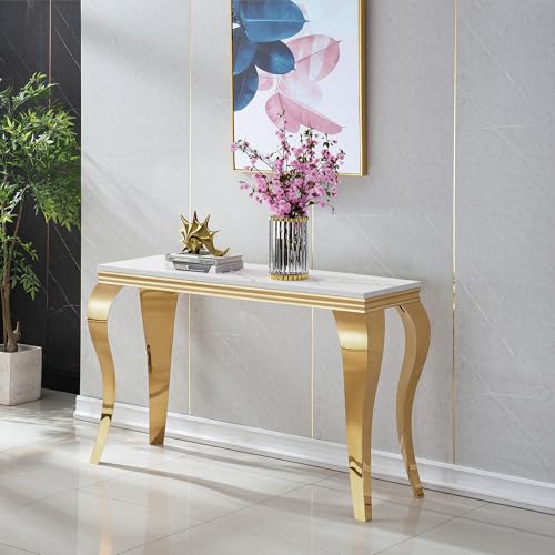 Modern Rectangular White Faux Marble Console Table, 0.71" Thick Faux Marble Top, 4 Stainless Steel Legs with Gold Mirrored Finish for Living Room (White6) ShopBOPP