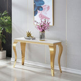 Modern Rectangular White Faux Marble Console Table, 0.71" Thick Faux Marble Top, 4 Stainless Steel Legs with Gold Mirrored Finish for Living Room (White6) ShopBOPP