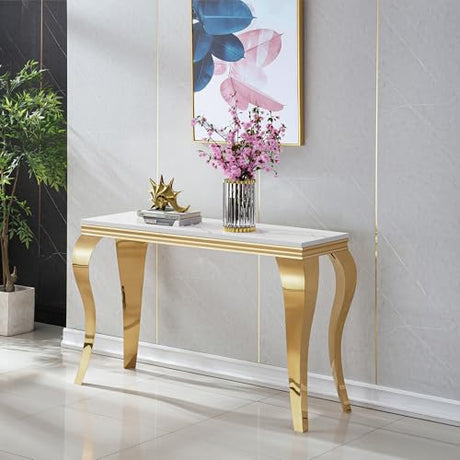 Modern Rectangular White Faux Marble Console Table, 0.71" Thick Faux Marble Top, 4 Stainless Steel Legs with Gold Mirrored Finish for Living Room (White6) ShopBOPP