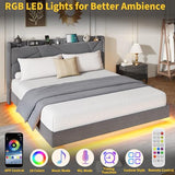 GarveeHome King Floating Bed Frame with LED Lights & Charging Station, Upholstered Platform Beds with Storage Headboard & Folding Shelves Storage, Metal Slats Support, No Box Spring Needed, Grey GarveeHome