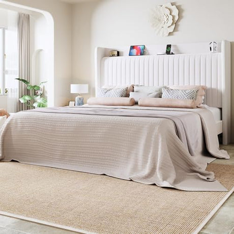 Allewie King Size Platform Bed Frame with USB Charging Station and Storage Shelf/Upholstered Velvet Wingback Headboard/Wooden Slats Support/No Box Spring Needed/Easy Assembly, White Allewie