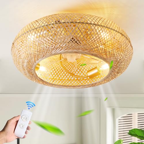 ainqiant Boho Caged Ceiling Fan with Light Flush Mount, 20 Inch Enclosed Rattan Ceiling Fans with Lights and Remote Control,Low Profile 6 Speeds for Bedroom, Living Room