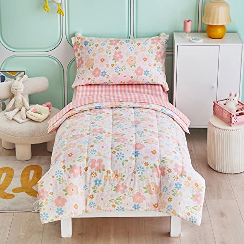 Joyreap 4 Piece Cotton Toddler Bedding Set for Girls, Pink Flowers Design, Soft n Breathable Cotton Toddler Comforter Set, Includes Quilted Comforter, Fitted Sheet, Top Sheet, and Pillow Case Joyreap