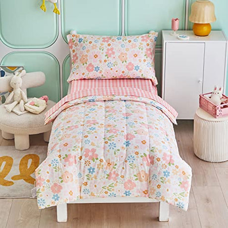 Joyreap 4 Piece Cotton Toddler Bedding Set for Girls, Pink Flowers Design, Soft n Breathable Cotton Toddler Comforter Set, Includes Quilted Comforter, Fitted Sheet, Top Sheet, and Pillow Case Joyreap