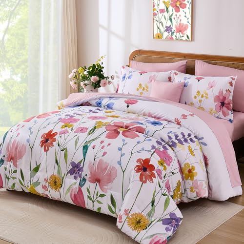 Annibedding Pink Floral King Size Comforter Set, 8 Piece Soft Microfiber Flower Bed in a Bag Bedding Set with Pillowcase and Sheets for All Season (Pink,90"x104") Anibedding