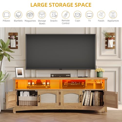 DWVO Farmhouse TV Stand for Living Room, Boho Entertainment Center for Bedchamber w/2 Rattan Cabinets, Television Stand w/Storage Large Media Console Table for TVs up to 50 55 60 65 Inch (Oak) DWVO