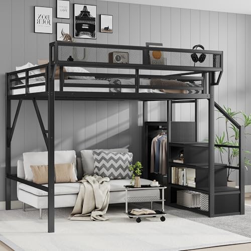 KEIKI Queen Size Metal Loft Bed Frame with Convertible Staircase, Built-in Storage Shelves and Wardrobe, Loft Bed with Solid Slats, Guardrail, No Box Spring Required, Easy Assembly, for Bedroom, Black KEIKI