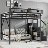 KEIKI Queen Size Metal Loft Bed Frame with Convertible Staircase, Built-in Storage Shelves and Wardrobe, Loft Bed with Solid Slats, Guardrail, No Box Spring Required, Easy Assembly, for Bedroom, Black KEIKI