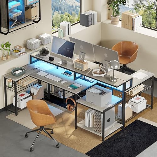 Bestier 71.5 inch Computer Desk with Power Outlets, LED Home Office Desk with Long Monitor Stand, Large Corner Desk with Storage Shelf, Cup Holder & Headset Hooks L Shaped Desk Bestier