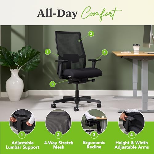 HON Ignition 2.0 Ergonomic Office Chair Fabric Seat, Adjustable Tilt, Swivel Wheels, Comfy for Long Hours, Home Office Desk Chairs, Fog HON