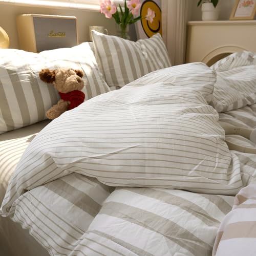MOTNTD Brown Striped Twin Duvet Cover Set Boho Pattern Twin Comforter Cover Lightweight Stripe Dorm Room Farmhouse Duvet Cover with 2 Pillowcases Teen Boy Bedding Set Washed Microfiber Duvet Protector MOTNTD