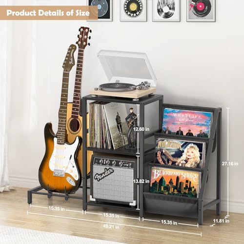 Bikoney Mid Century Modern Record Player Stand, Guitar Stand for Acoustic, Electric Guitar, Bass with Amp Stand, 3-Tier Vinyl Record Storage, Vinyl Record Display Stand for Living Room Bikoney