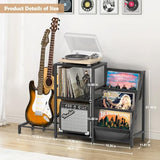 Bikoney Mid Century Modern Record Player Stand, Guitar Stand for Acoustic, Electric Guitar, Bass with Amp Stand, 3-Tier Vinyl Record Storage, Vinyl Record Display Stand for Living Room Bikoney