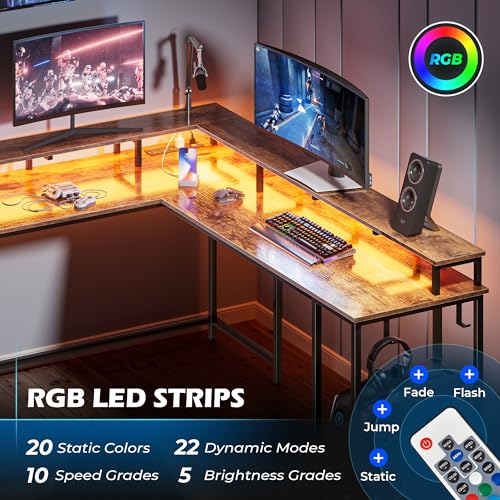 SUPERJARE L Shaped Gaming Desk with Power Outlets & LED Lights, 66 Inch Computer Desk with Monitor Stand & Storage Shelf, Home Office Desk Corner Desk with Hooks, Rustic Brown SUPERJARE